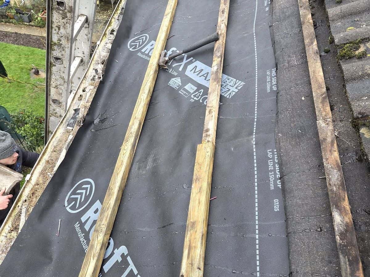 New roofing membrane and battens going on during a re-roof